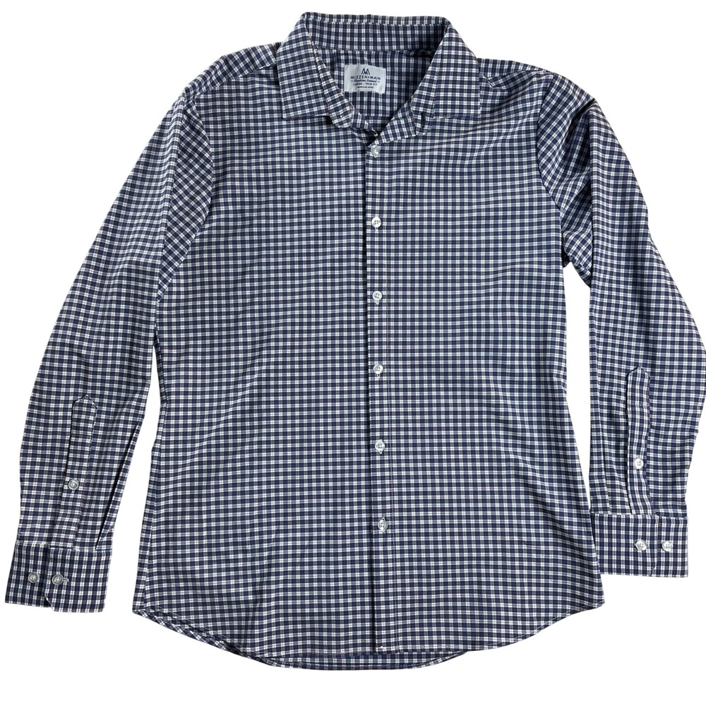 Mizzen+Main Mens Trim Fit Performance Dress Shirt Navy Gingham Check Large L